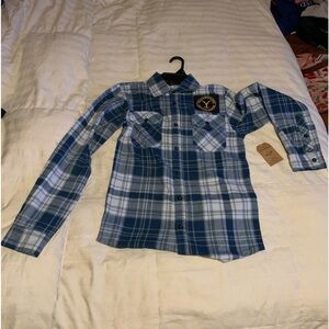 NWT Yellowstone Dalton Ranch XS Flannel blue and white plaid long sleeve
